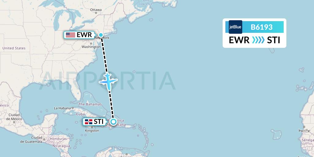 B6193 JetBlue Airways Flight Map: New York to Santiago de los Caballeros
