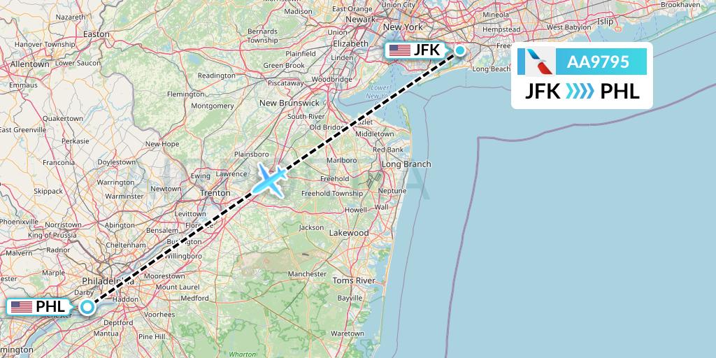 AA9795 American Airlines Flight Map: New York to Philadelphia