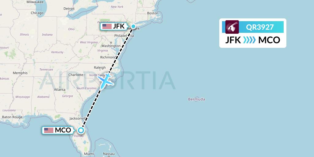 QR3927 Qatar Airways Flight Map: New York to Orlando