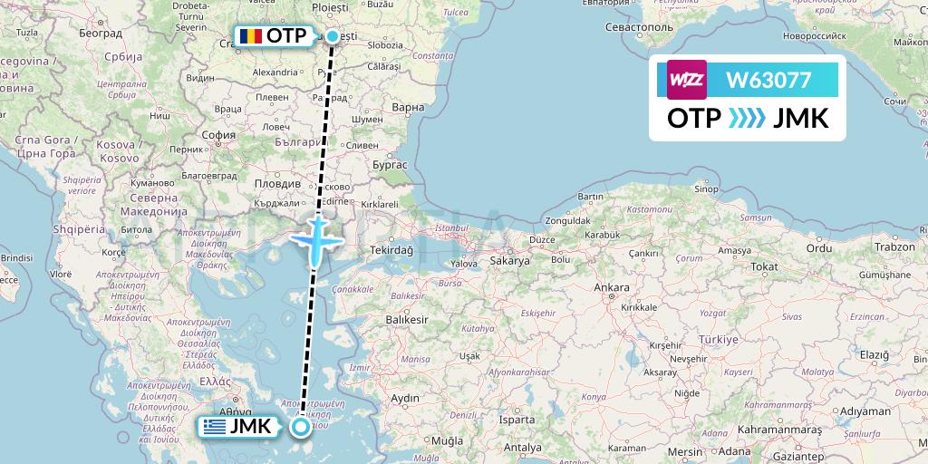 W63077 Wizz Air Flight Map: Bucharest to Mykonos