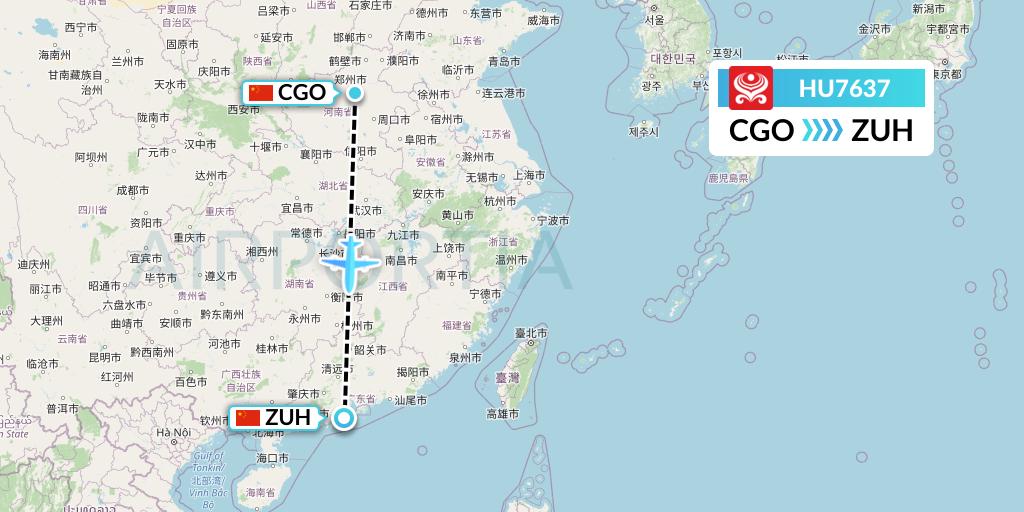 HU7637 Hainan Airlines Flight Map: Zhengzhou to Zhuhai