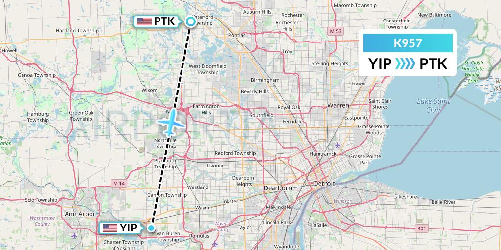 K957 Kalitta Charters Flight Map: Detroit to Oakland County