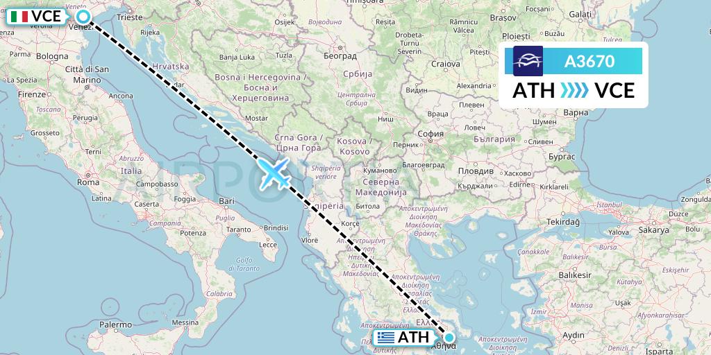 A3670 Aegean Airlines Flight Map: Athens to Venice