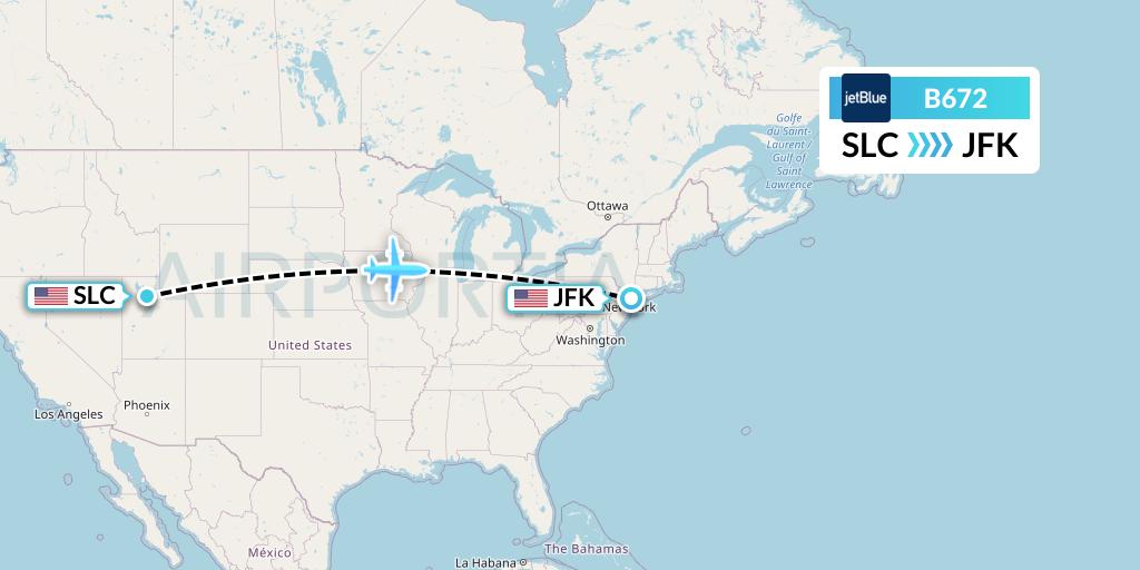 B672 JetBlue Airways Flight Map: Salt Lake City to New York