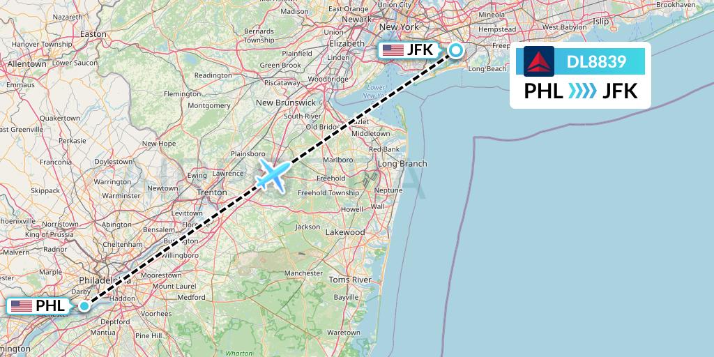 DL8839 Delta Air Lines Flight Map: Philadelphia to New York