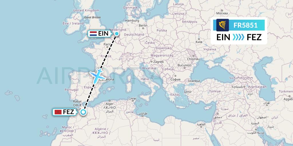 FR5851 Ryanair Flight Map: Eindhoven to Fes
