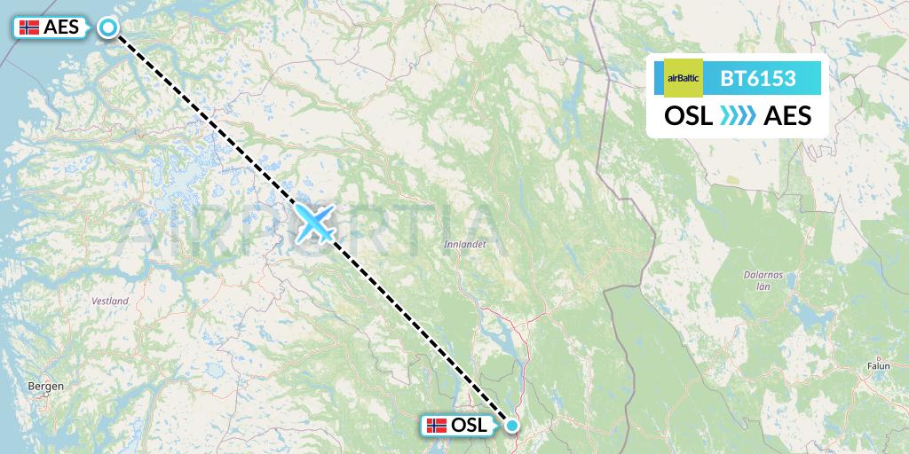 BT6153 Air Baltic Flight Map: Oslo to Alesund