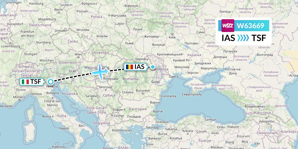 W63669 Wizz Air Flight Map: Iasi to Treviso