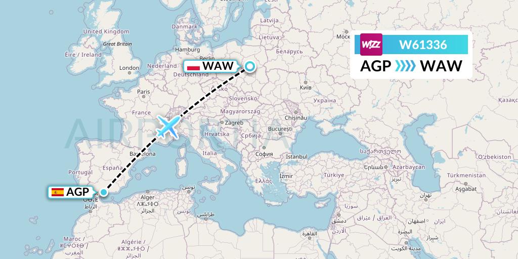 W61336 Wizz Air Flight Map: Malaga to Warsaw