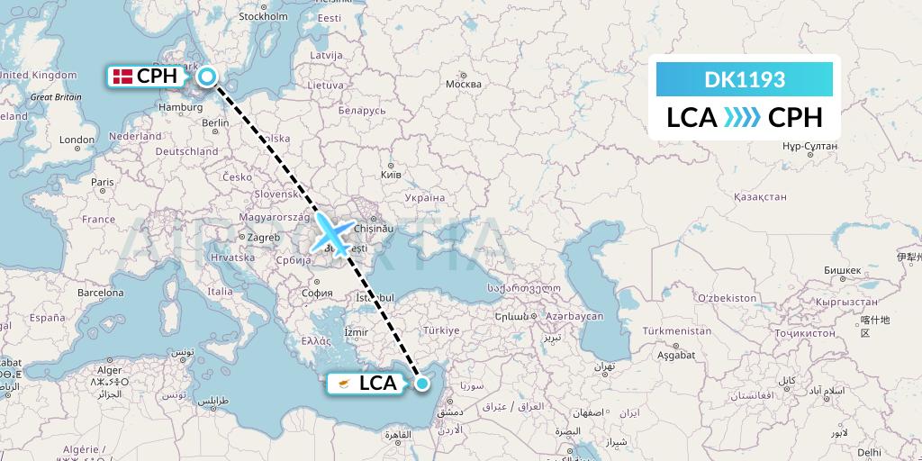DK1193 Thomas Cook Airlines Scandinavia Flight Map: Larnaca to Copenhagen