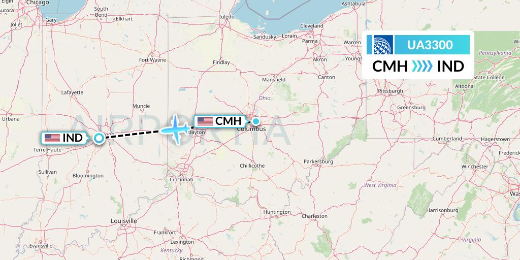 UA3300 United Airlines Flight Map: Columbus to Indianapolis