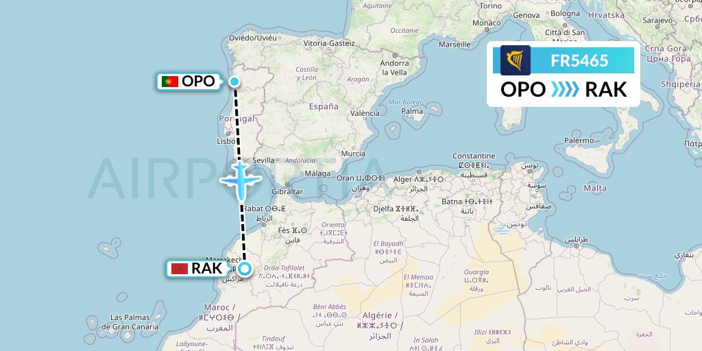 FR5465 Ryanair Flight Map: Porto to Marrakesh