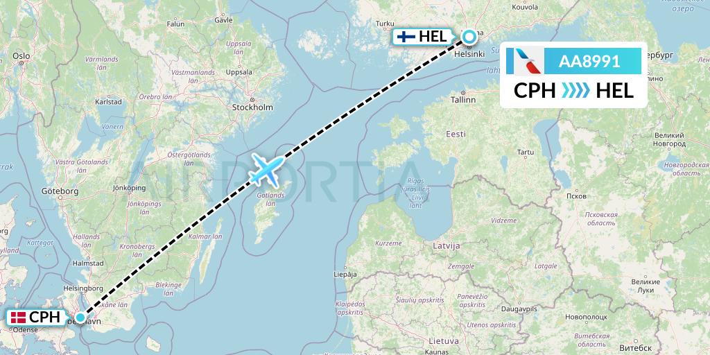 AA8991 American Airlines Flight Map: Copenhagen to Helsinki