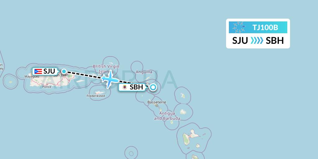 TJ100B Tradewind Aviation Flight Map: San Juan to St. Jean