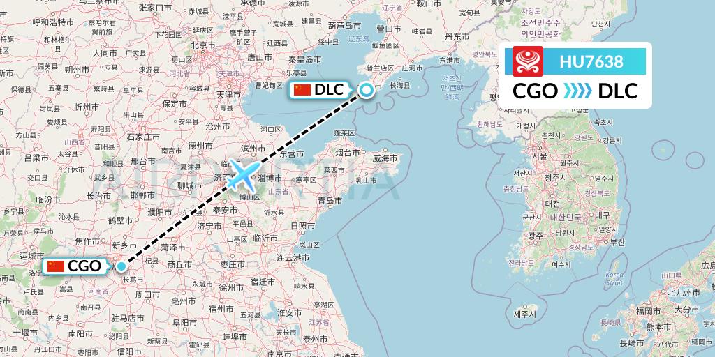 HU7638 Hainan Airlines Flight Map: Zhengzhou to Dalian