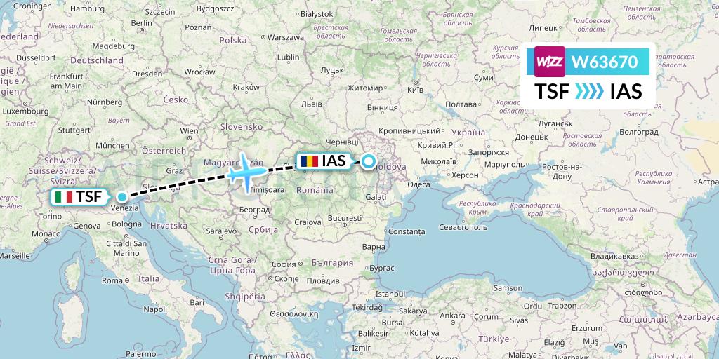 W63670 Wizz Air Flight Map: Treviso to Iasi