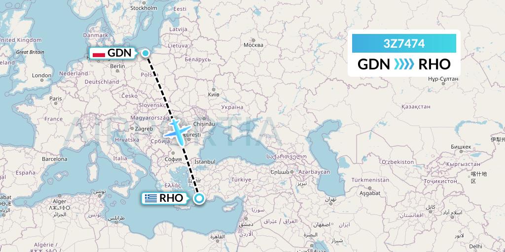 3Z7474 Travel Service Polska Flight Map: Gdansk to Rhodes