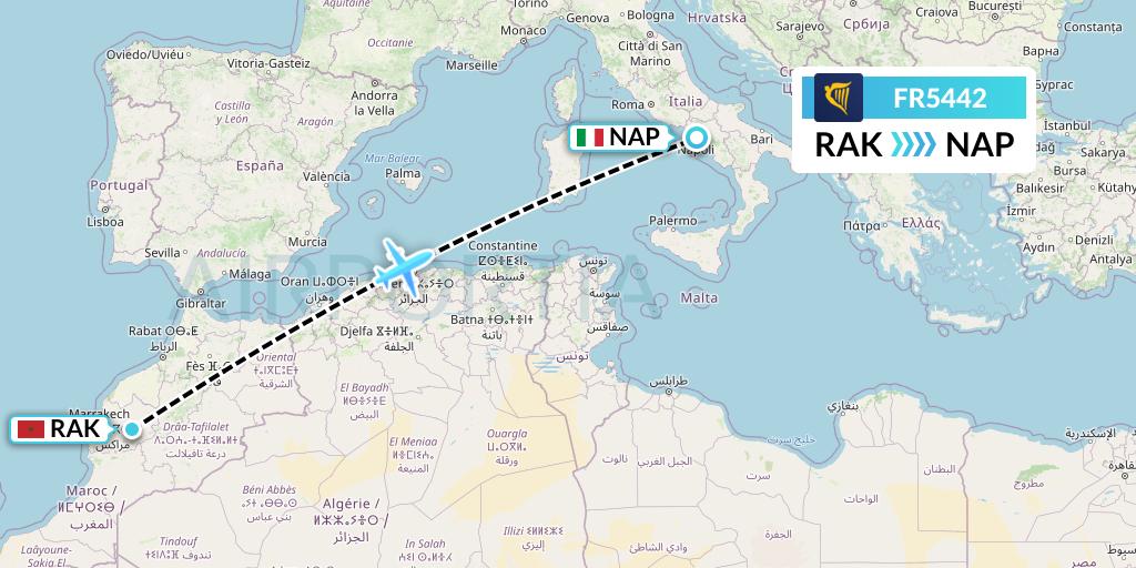 FR5442 Ryanair Flight Map: Marrakesh to Naples