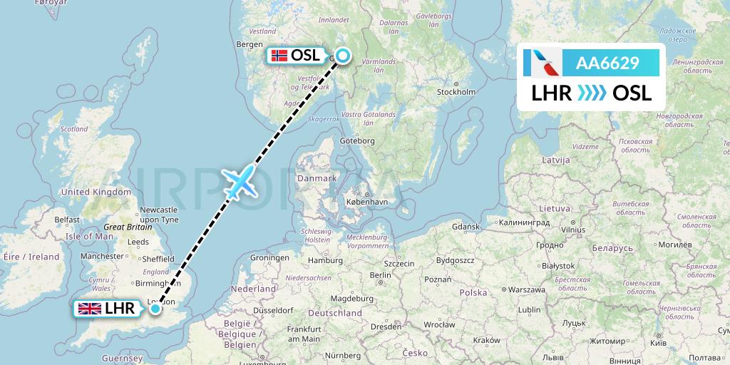 AA6629 American Airlines Flight Map: London to Oslo