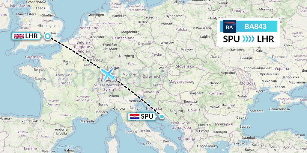 BA843 British Airways Flight Map: Split to London