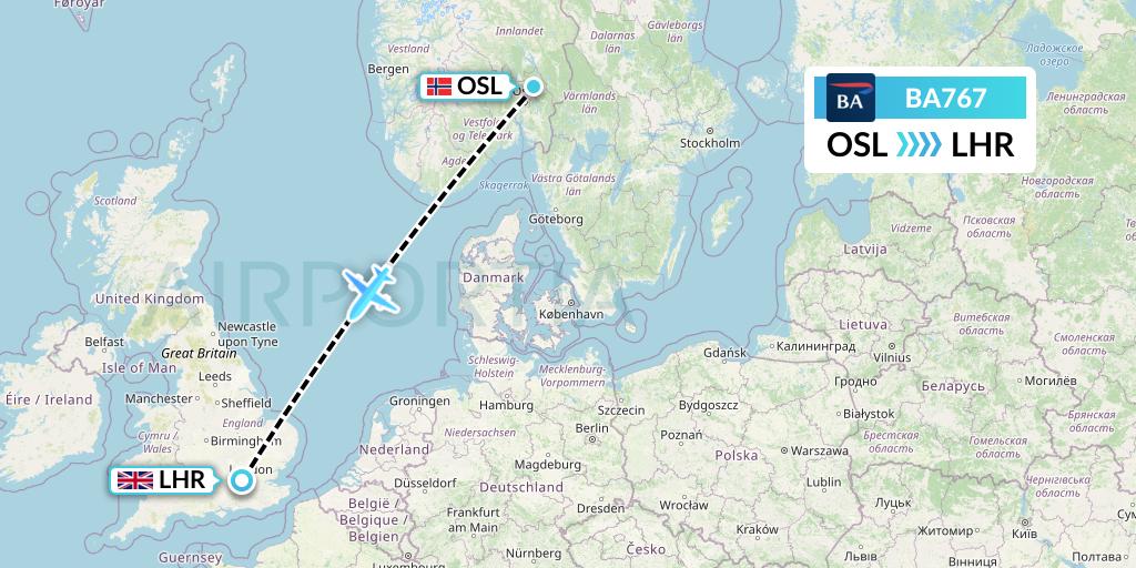 BA767 British Airways Flight Map: Oslo to London