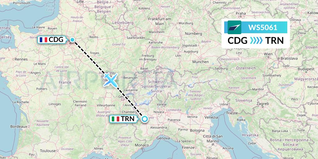 WS5061 WestJet Flight Map: Paris to Turin