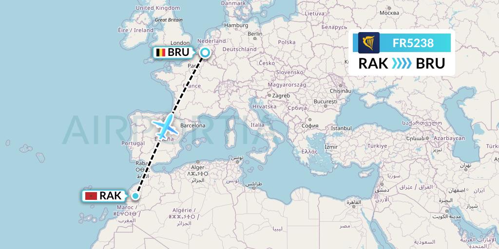 FR5238 Ryanair Flight Map: Marrakesh to Brussels