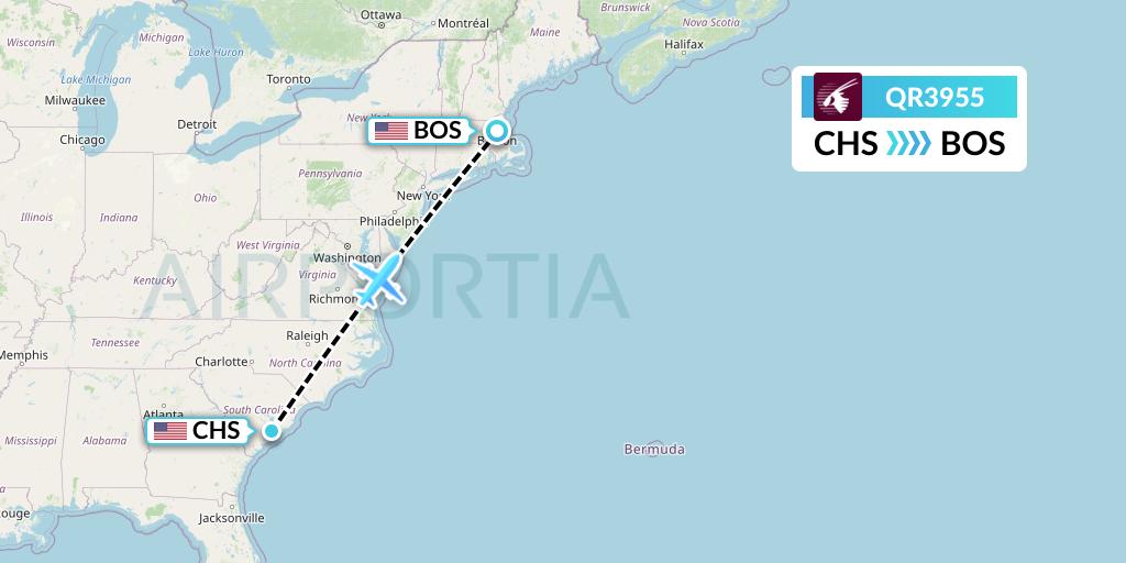 QR3955 Qatar Airways Flight Map: Charleston to Boston