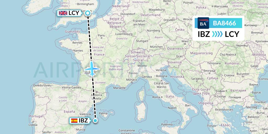 BA8466 British Airways Flight Map: Ibiza to London