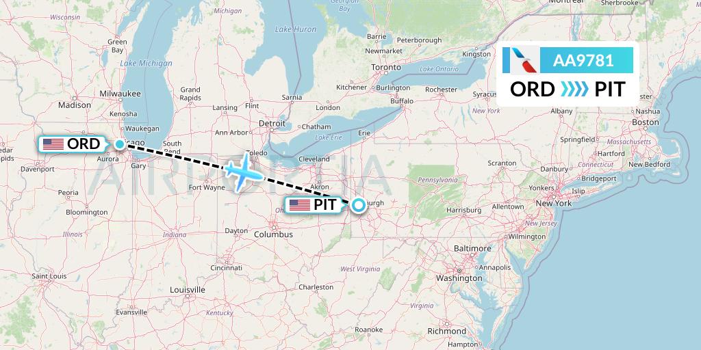 AA9781 American Airlines Flight Map: Chicago to Pittsburgh
