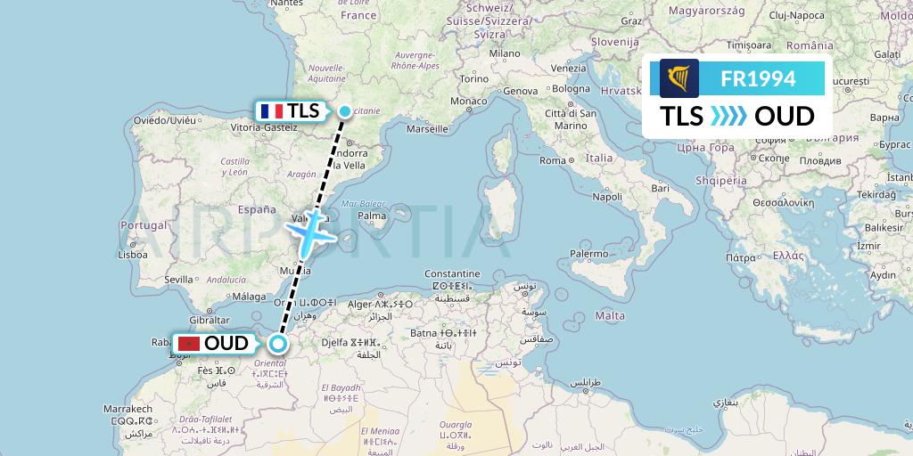 FR1994 Ryanair Flight Map: Toulouse to Oujda