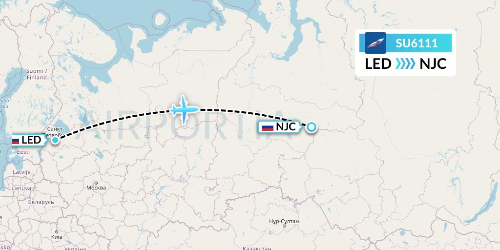 SU6111 Aeroflot Flight Map: St. Petersburg to Nizhnevartovsk
