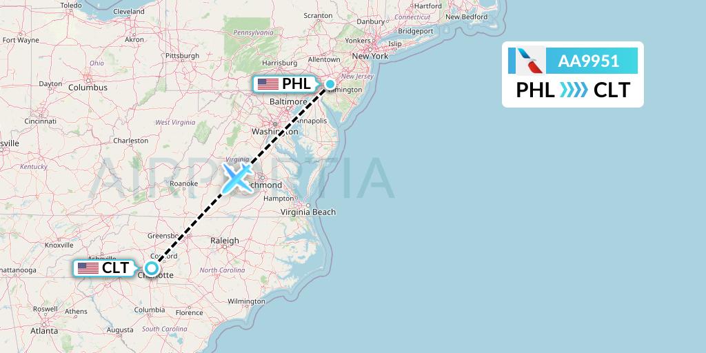 AA9951 American Airlines Flight Map: Philadelphia to Charlotte
