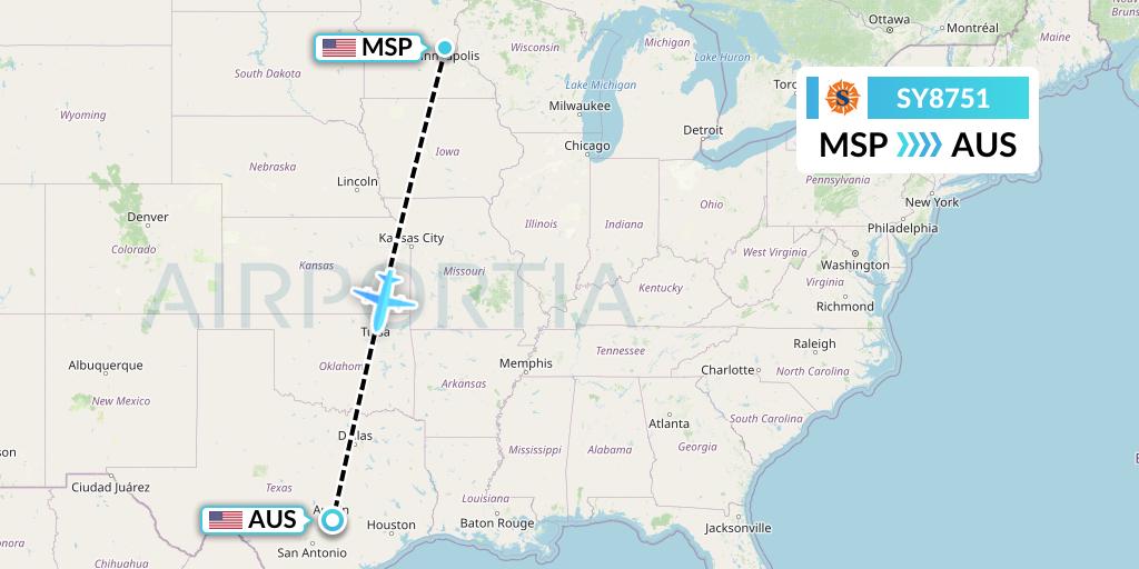 SY8751 Sun Country Airlines Flight Map: Minneapolis to Austin
