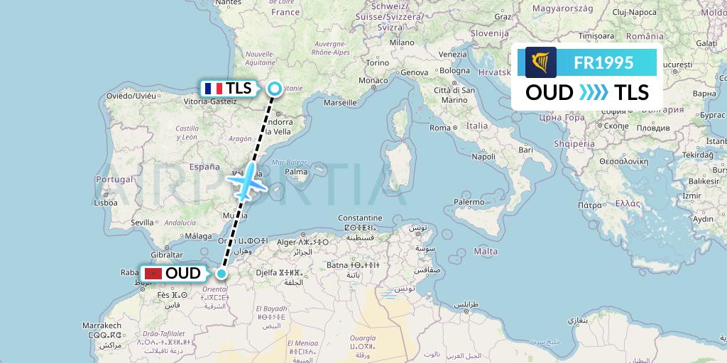 FR1995 Ryanair Flight Map: Oujda to Toulouse