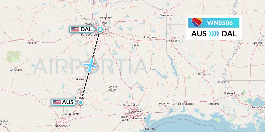 WN8508 Southwest Airlines Flight Map: Austin to Dallas