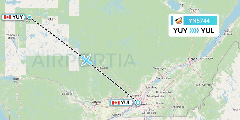YN5744 Air Creebec Flight Map: Rouyn to Montreal