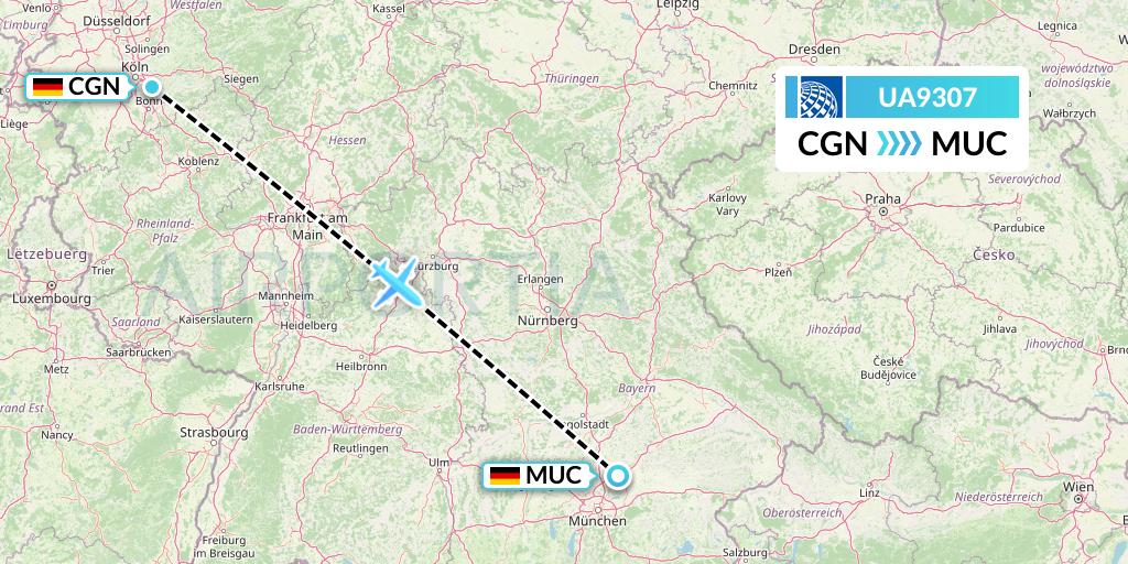 UA9307 United Airlines Flight Map: Cologne to Munich