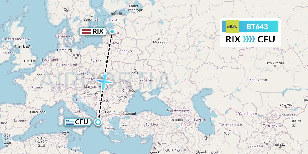 BT643 Air Baltic Flight Map: Riga to Corfu