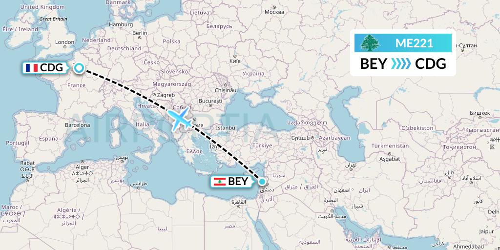 ME221 MEA Flight Map: Beirut to Paris