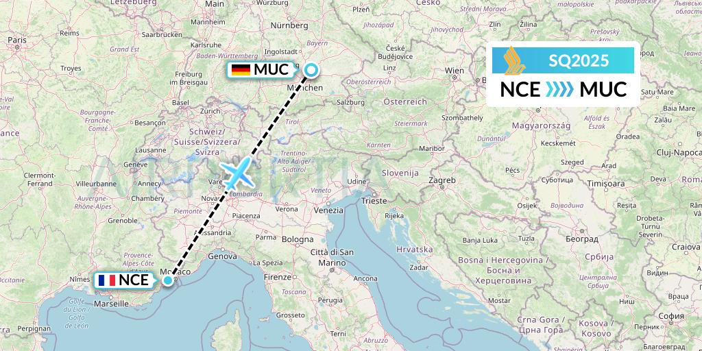 SQ2025 Singapore Airlines Flight Map: Nice to Munich