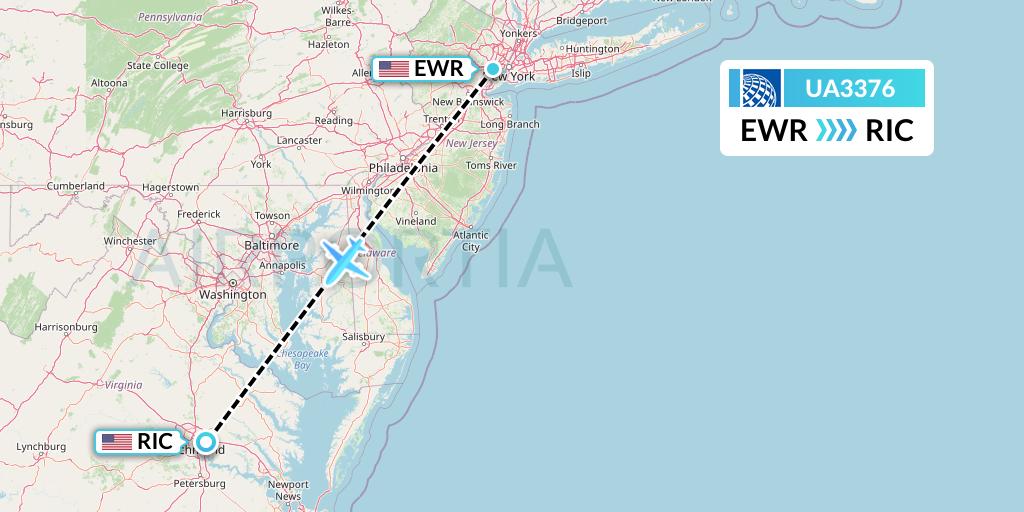 UA3376 United Airlines Flight Map: New York to Richmond