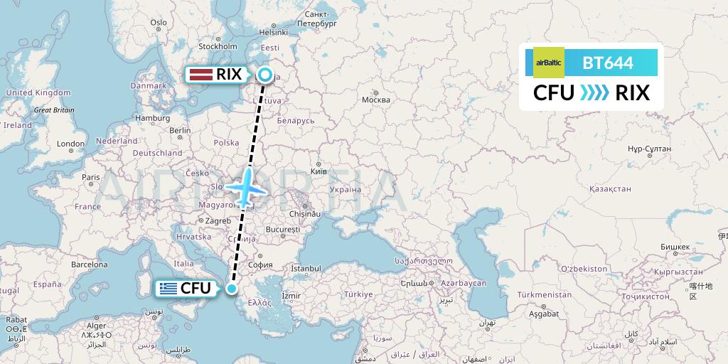 BT644 Air Baltic Flight Map: Corfu to Riga