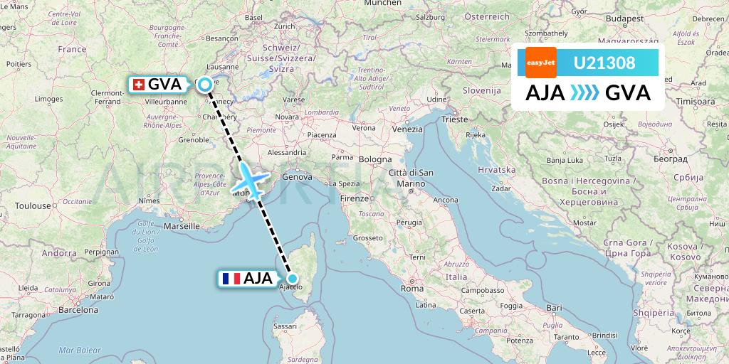 U21308 EasyJet Flight Map: Ajaccio to Geneva