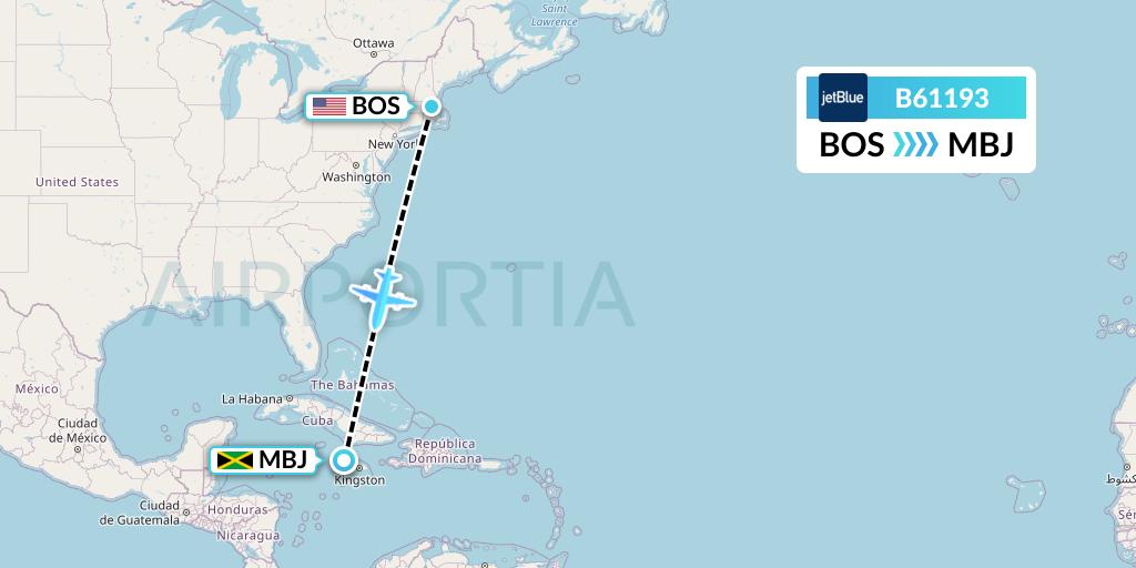 B61193 JetBlue Airways Flight Map: Boston to Montego Bay