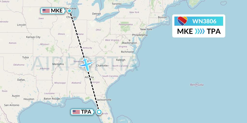 WN3806 Southwest Airlines Flight Map: Milwaukee to Tampa
