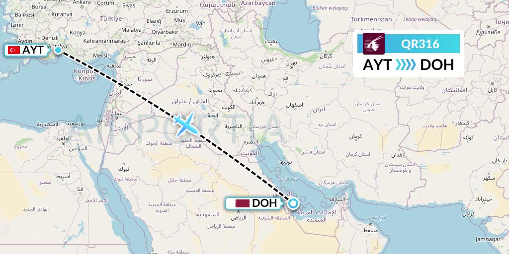QR316 Qatar Airways Flight Map: Antalya to Doha