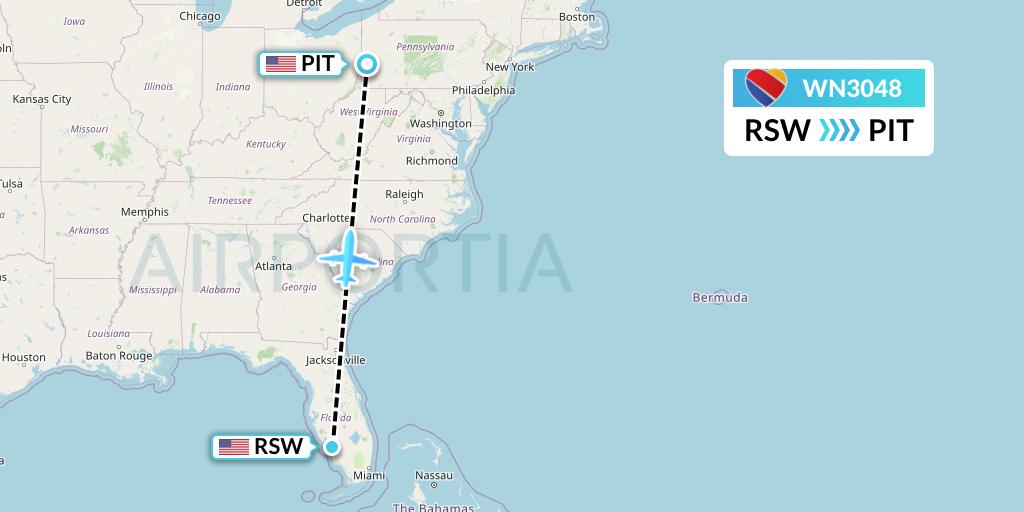 WN3048 Southwest Airlines Flight Map: Fort Myers to Pittsburgh