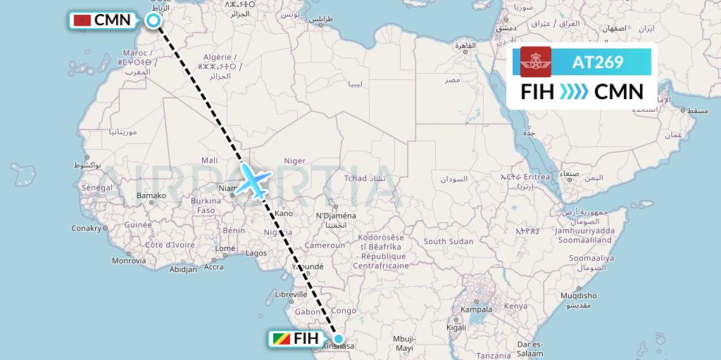 AT269 Royal Air Maroc Flight Map: Kinshasa to Casablanca