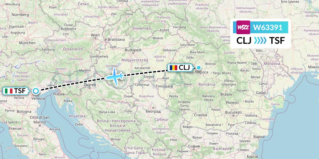 W63391 Wizz Air Flight Map: Cluj-Napoca to Treviso